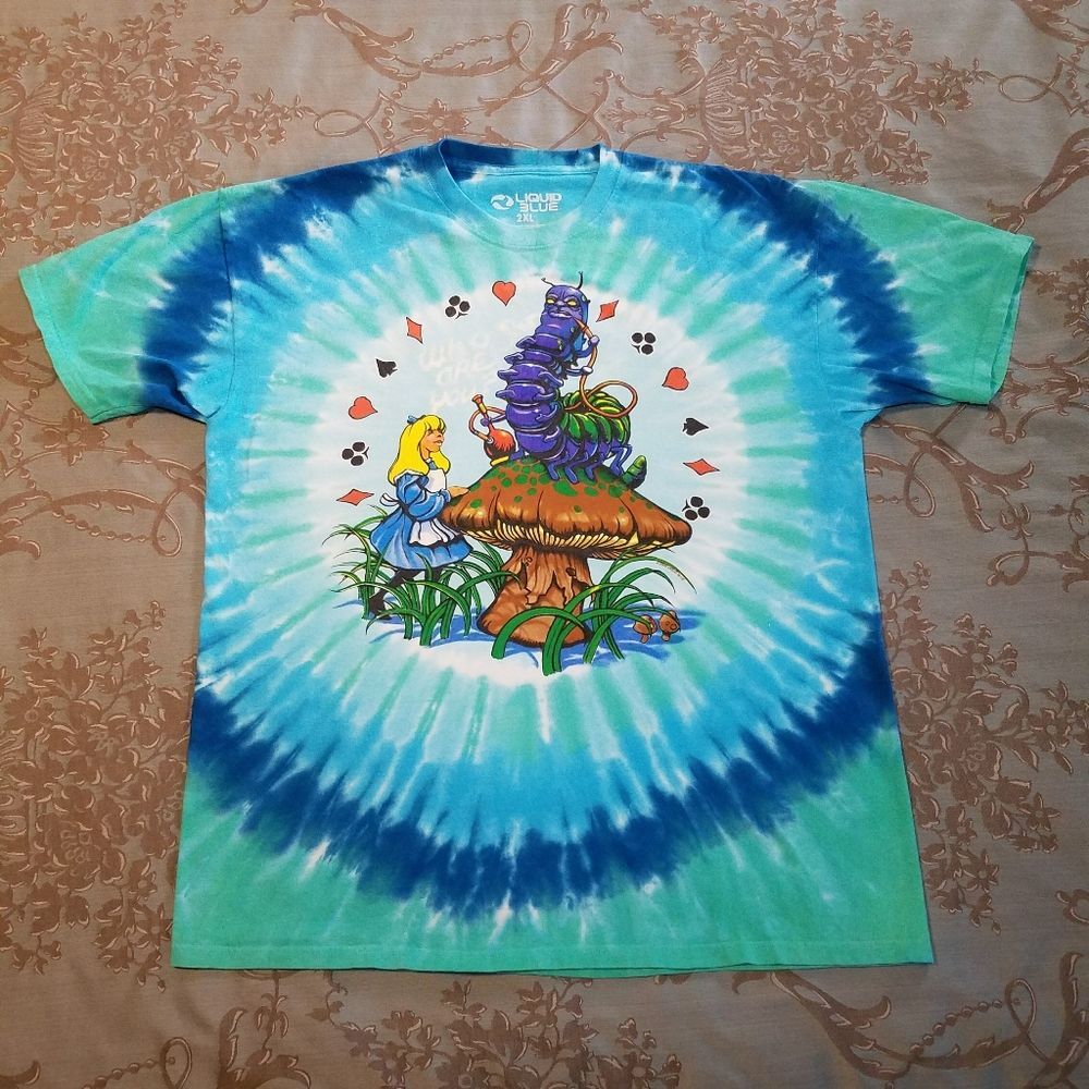 Liquid Blue Alice In Wonderland Who Are You? 2000s Graphic Tie Dye Tee Shirt 2XL